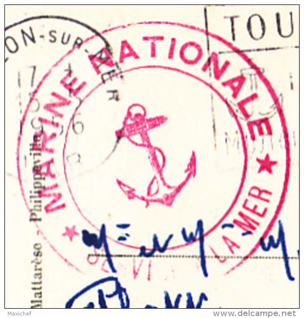 Cachet Double Couronne Rouge - Marine Nationale - Service à La Mer - Circ 1956 Sur CP Affranchie Timbre FM Rouge - Guerre D'Algérie