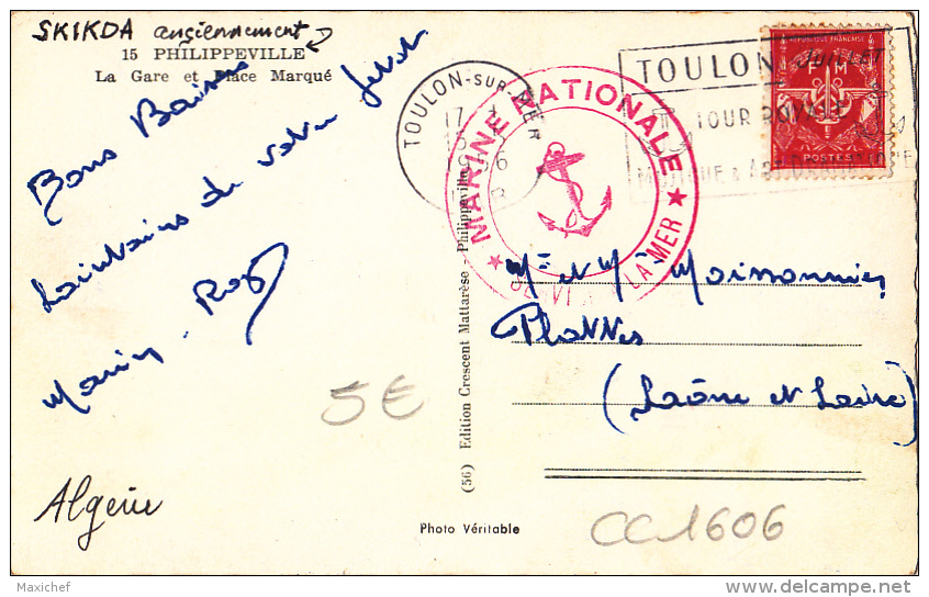 Cachet Double Couronne Rouge - Marine Nationale - Service à La Mer - Circ 1956 Sur CP Affranchie Timbre FM Rouge - Guerra D'Algeria