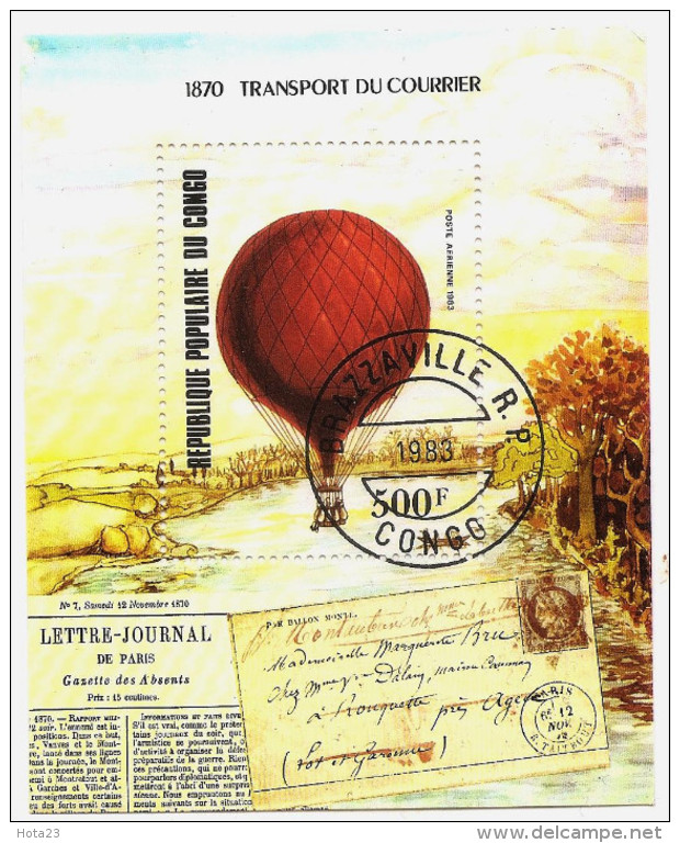 1983 REP DU CONGO FRANCE AIRBALLOON TRANSPORT MAIL 500F S/S USED - Gebraucht