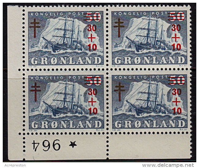 F0001 GREENLAND 1958, SG 43  Royal TB Relief Fund, MNH Corner Block Of 4 - Nuevos