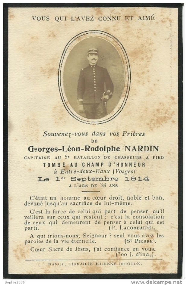 Faire Part Décès, Photo Capitaine Nardin Bataillon Chasseur à Pied Tombé Champ D´Honneur à Entre-deux-Eaux (Vosges) 1914 - 1914-18