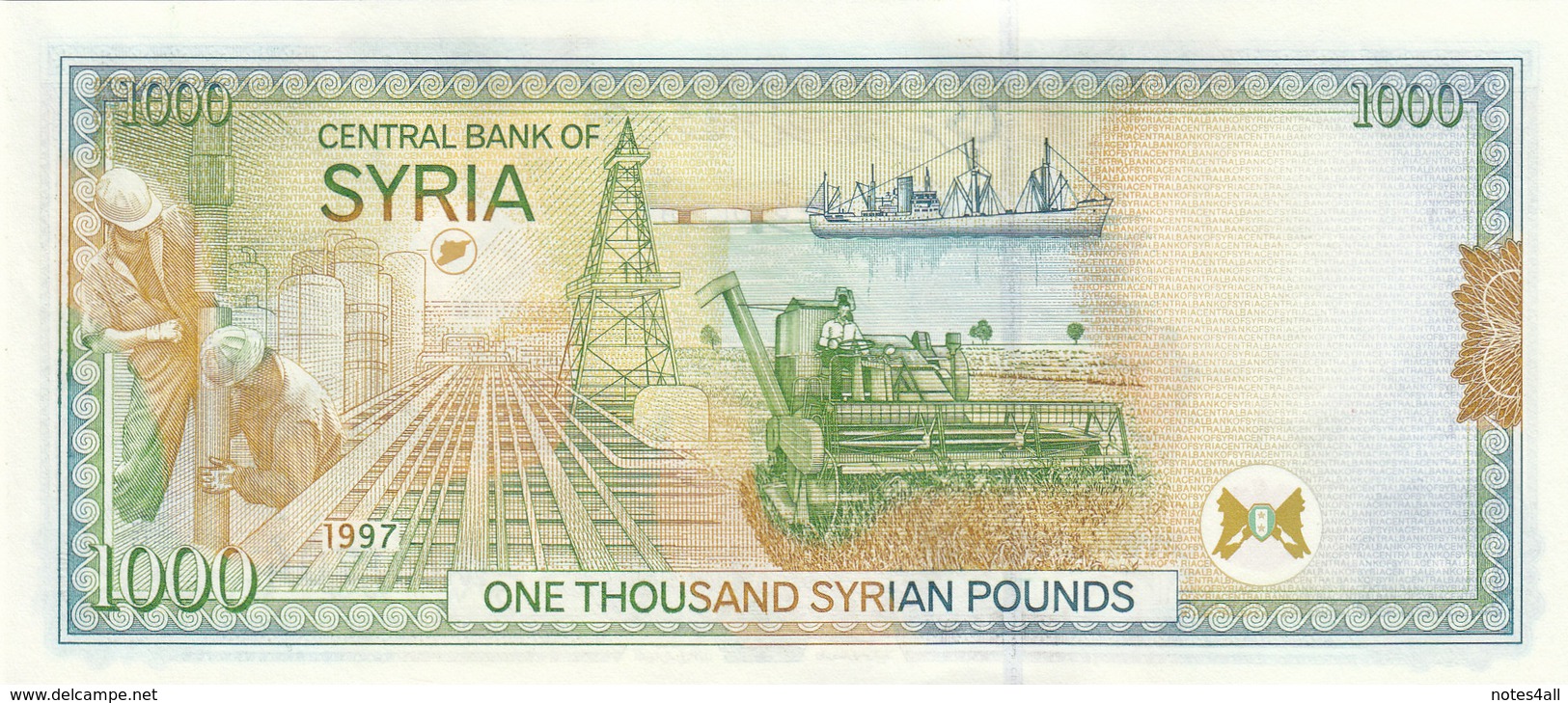 SYRIA 1000 LIRA 1997 P-111 Prefix ( K ) PRINTED IN EU . SYRIA MAP ON BACK UNC - Syria