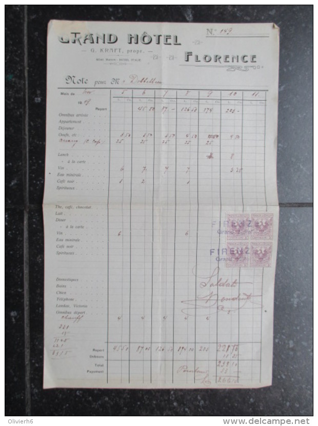 VP FACTURE ITALIE (V1618) GRAND HOTEL FLORENCE 1919 (2 Vues) G. Kraft, Propr. Marca Da Bollo 5 Centisimi - Italie