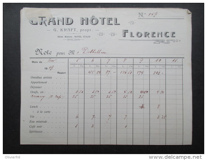 VP FACTURE ITALIE (V1618) GRAND HOTEL FLORENCE 1919 (2 Vues) G. Kraft, Propr. Marca Da Bollo 5 Centisimi - Italie