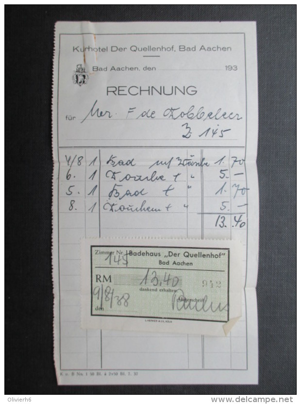 VP FACTURE ALLEMAGNE (V1618) KURHOTEL DER QUELLENHOF 1938 (2 Vues) BAD Aachen - 1900 – 1949