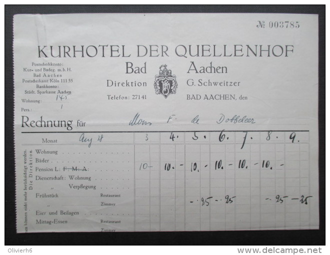 VP FACTURE ALLEMAGNE (V1618) KURHOTEL DER QUELLENHOF 1938 (2 Vues) BAD Aachen B - 1900 – 1949