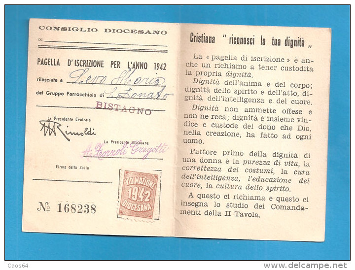 TESSERA AZIONE CATTOLICA ITALIANA DONNE   1942 DIOCESI BISTAGNO ASTI  BOLLO VIDIMAZIONE DIOCESANA - Membership Cards