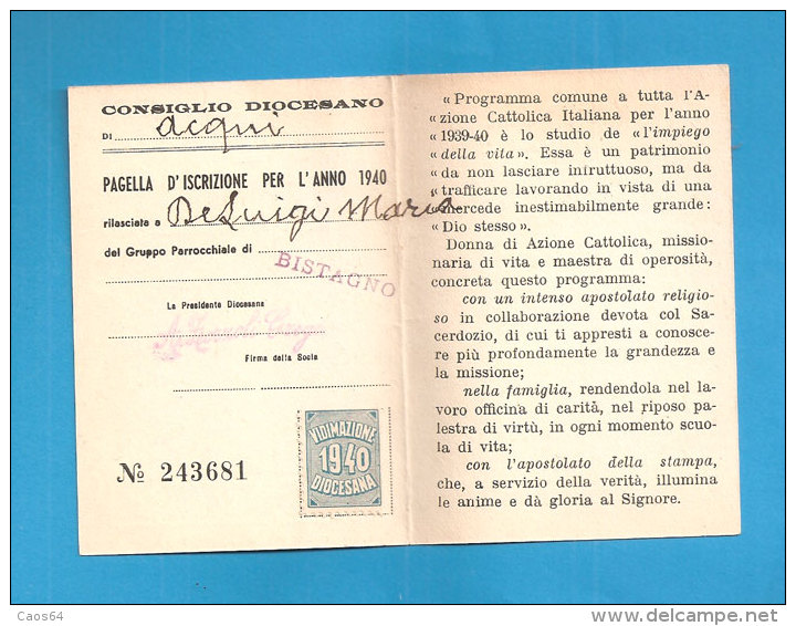 TESSERA AZIONE CATTOLICA ITALIANA DONNE   1940 DIOCESI BISTAGNO ACQUI ASTI  BOLLO VIDIMAZIONE DIOCESANA - Altri & Non Classificati