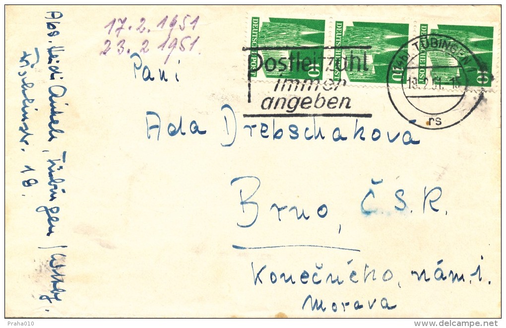 L1146 - BRD (1951) (14b) Tübingen 1: Always Enter The Zip Code (letter To Czechoslovakia); Tariff: 30 Pf. - Código Postal