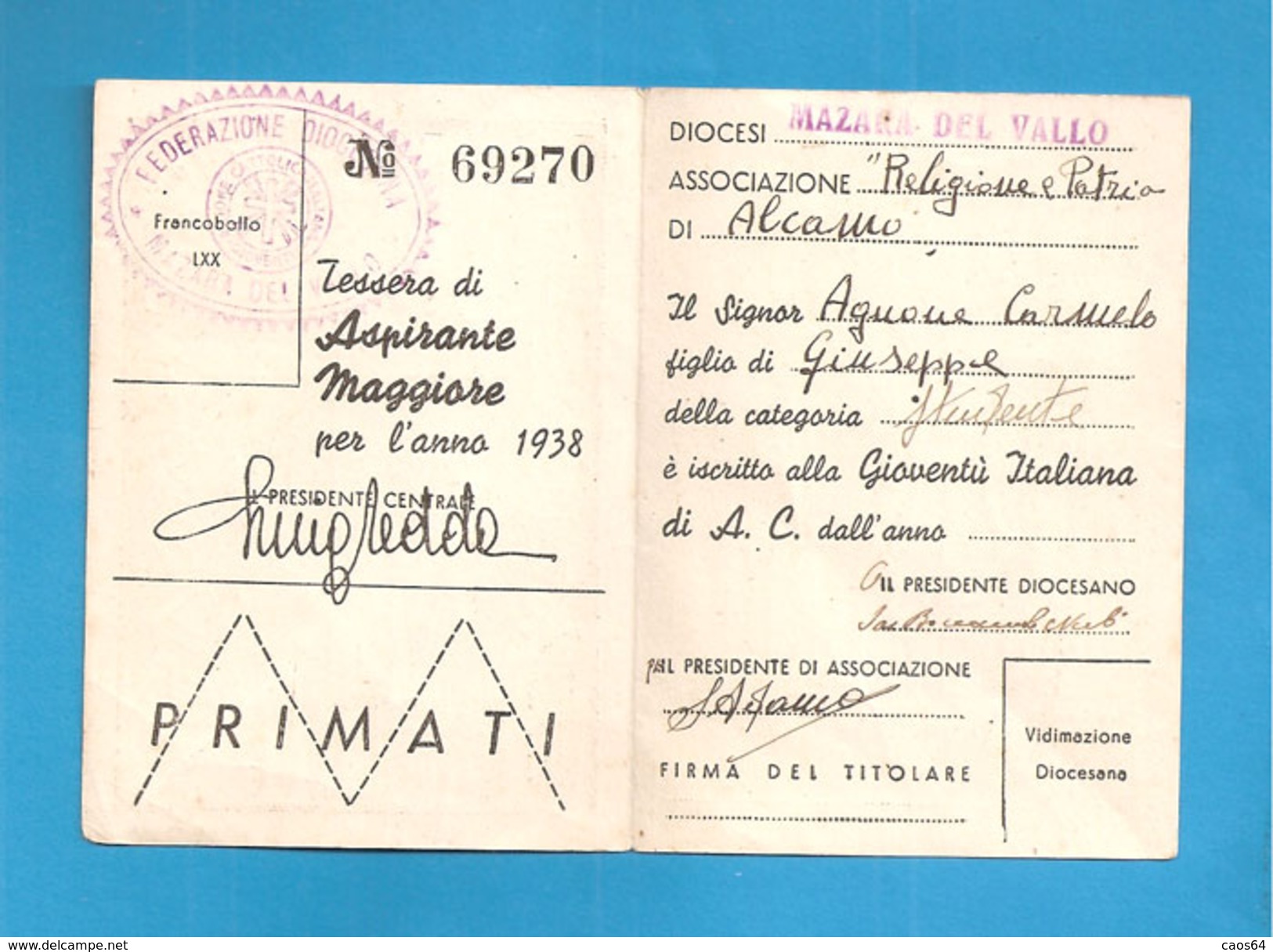 TESSERA AZIONE CATTOLICA ITALIANA GIOVENTU'   - 1938 DIOCESI MAZARA DEL VALLO - Membership Cards