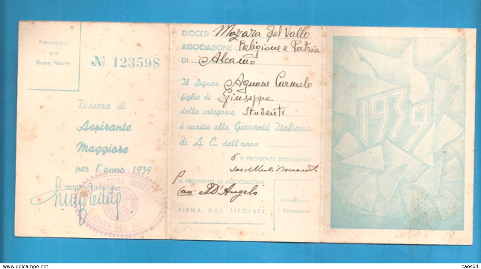 TESSERA AZIONE CATTOLICA ITALIANA GIOVENTU'   - 1939 DIOCESI MAZARA DEL VALLO - Tarjetas De Membresía