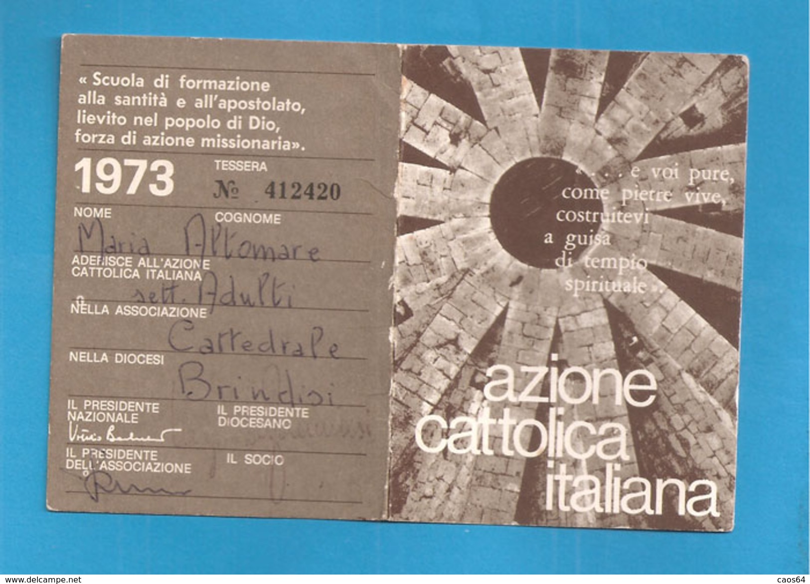 TESSERA AZIONE CATTOLICA ITALIANA    - 1973 DIOCESI BRINDISI - Non Classificati