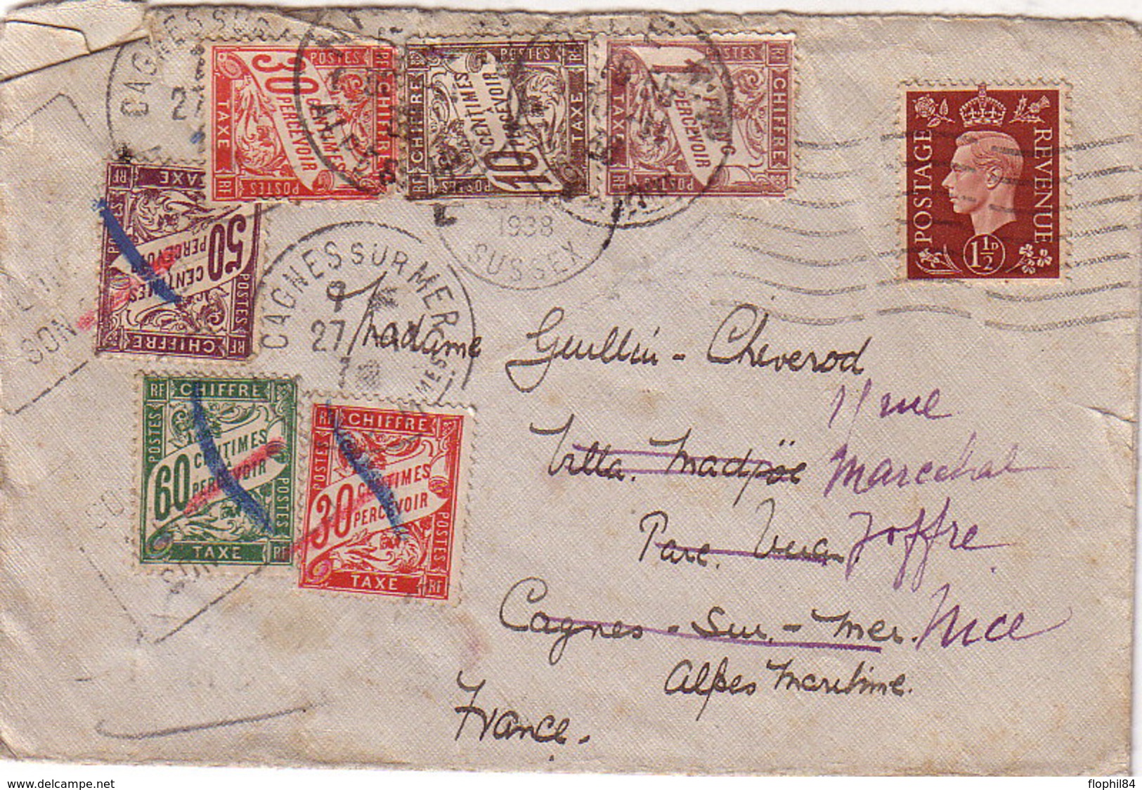 GRANDE-BRETAGNE - LETTRE POUR LA FRANCE - DIVERSES TAXES DE PRESENTATION (6 TIMBRES BANDEROLES) - DAGUIN DE CAGNES - 1859-1959 Cartas & Documentos