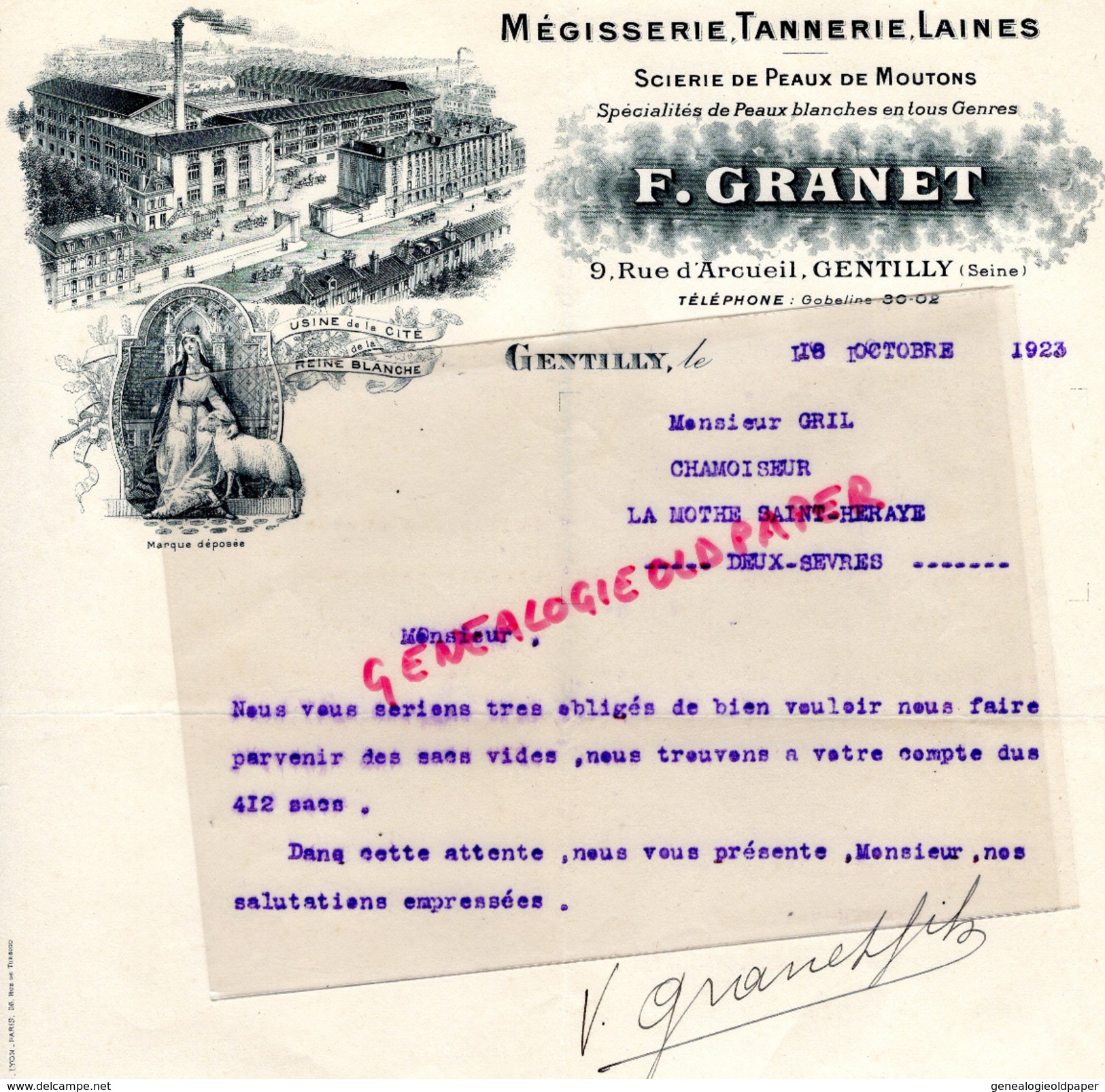 94- GENTILLY-  BELLE FACTURE F. GRANET MEGISSERIE-TANNERIE- GANTERIE  SCIERIE PEAUX MOUTONS-9 RUE ARCUEIL -1923 - 1800 – 1899