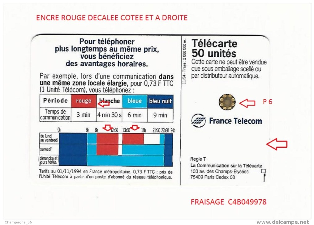 VARIÉTÉS FRANCE TÉLÉCARTE 11 /  94 F526 SOL.ROUGE 2  50 U   P6   V3   SC5 VERSO AVEC FRAISAGE    UTILISÉE - Variétés