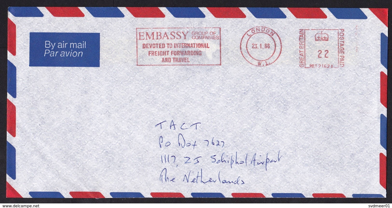 UK: Airmail Cover To Netherlands, 1986, Meter Cancel Embassy Freight Forwarders Travel Agent (minor Discolouring) - Brieven En Documenten