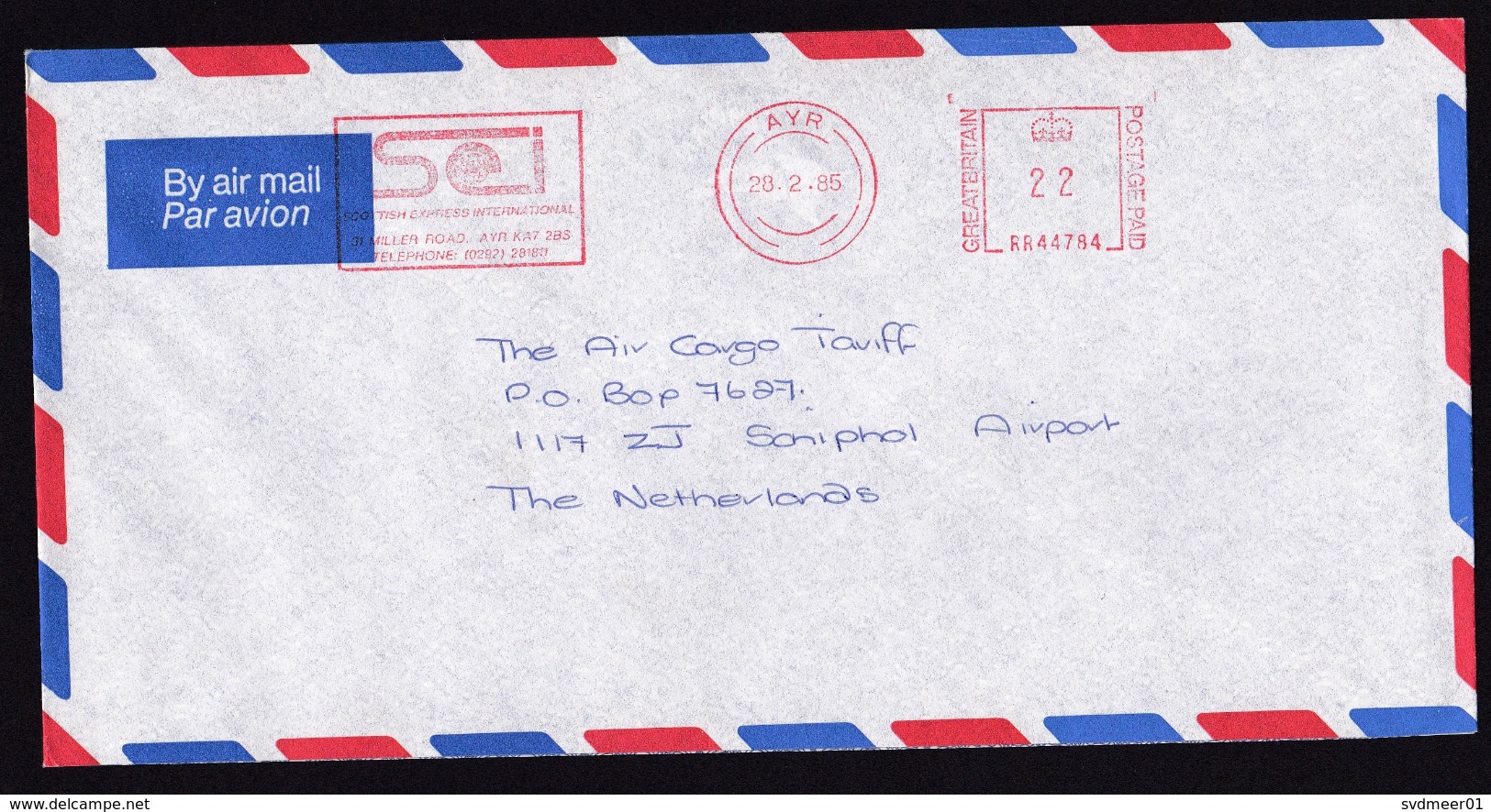 UK: Airmail Cover Ayr To Netherlands, 1985, Meter Cancel Scottish Express International, Transport (traces Of Use) - Brieven En Documenten