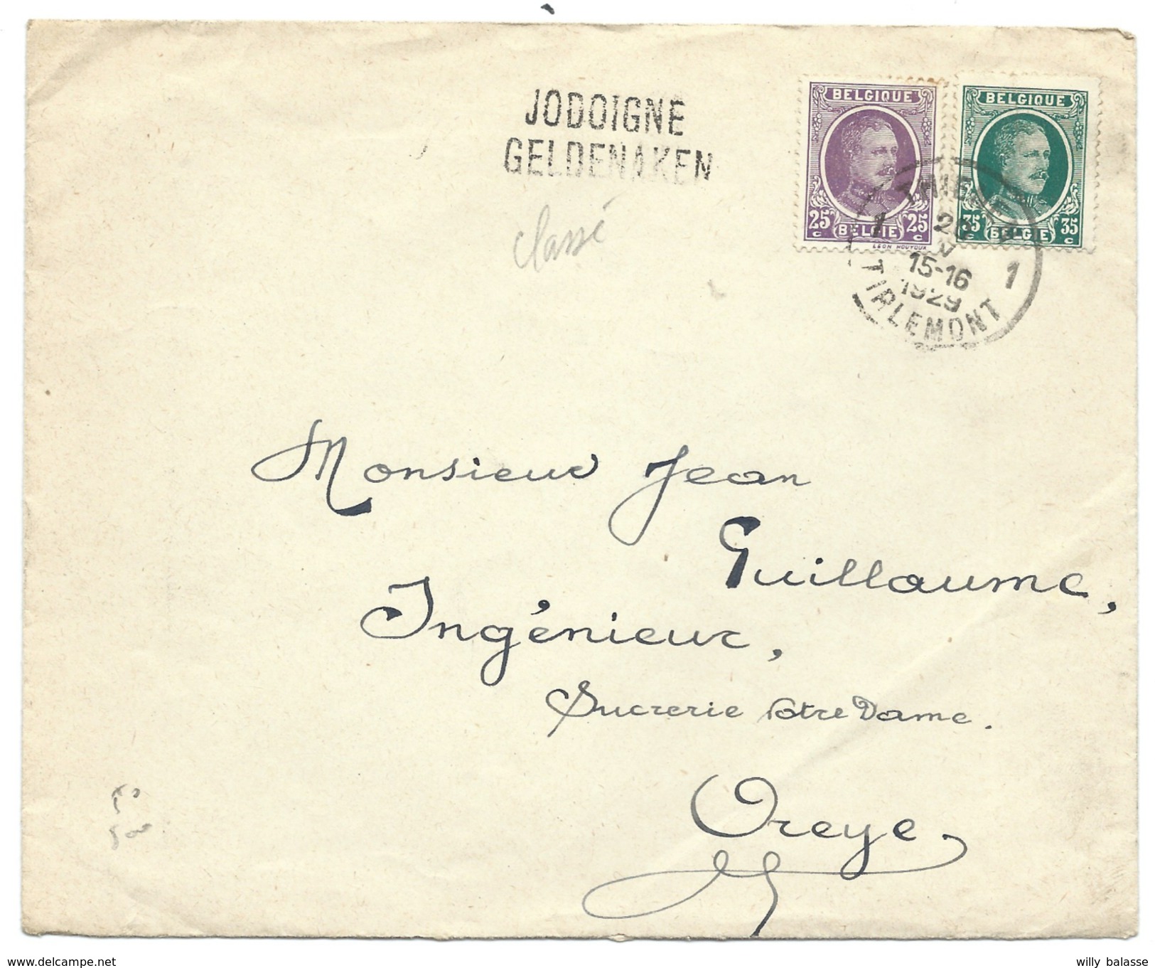 L Affr N°197+254Càd TIRLEMONT/1929 + Griffe Bilingue JODOIGNE Pour Oreye - 1922-1927 Houyoux