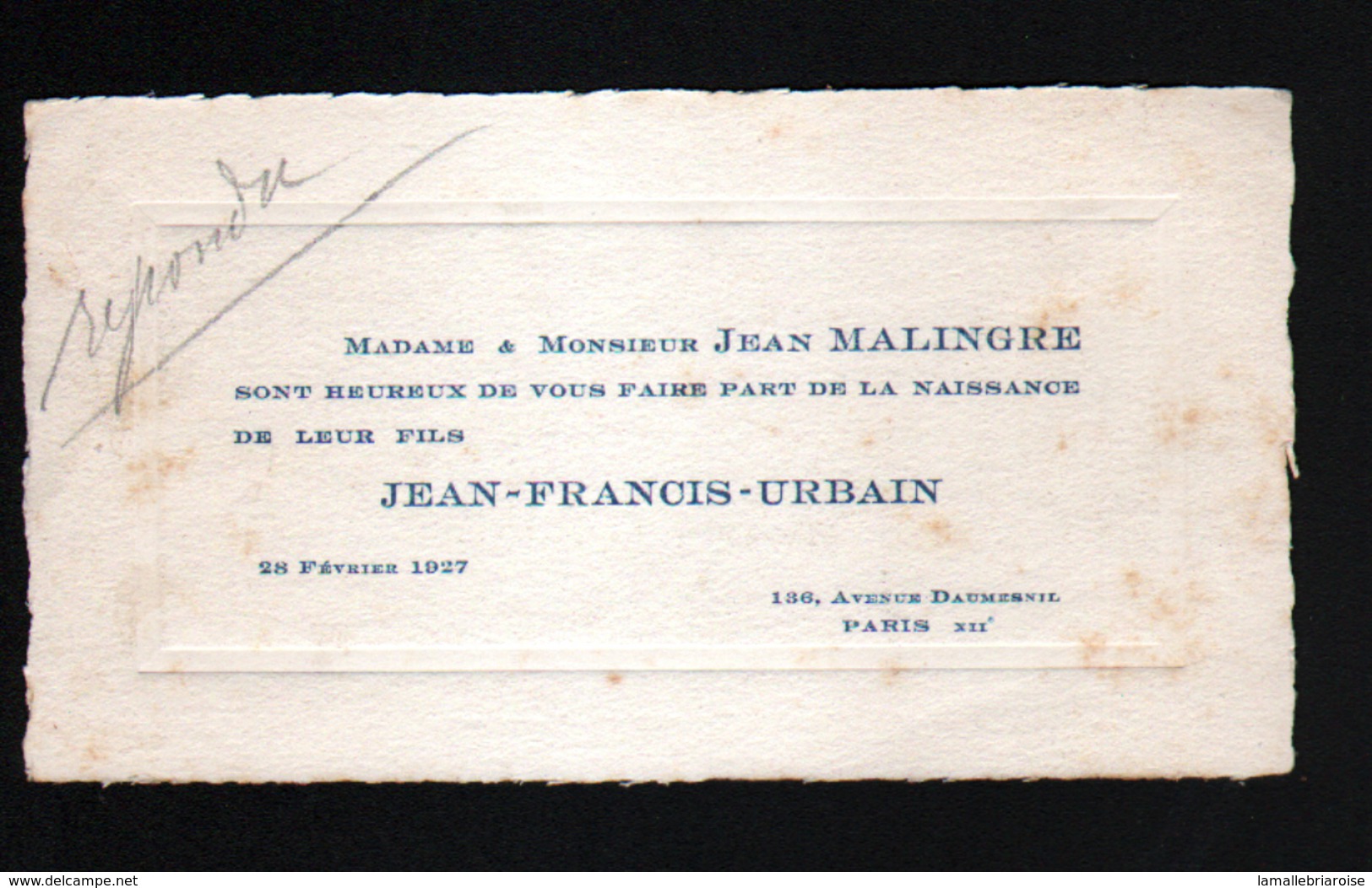 75, FAIRE PART DE NAISSANCE, FAMILLE MALINGRE, PARIS - Geboorte & Doop