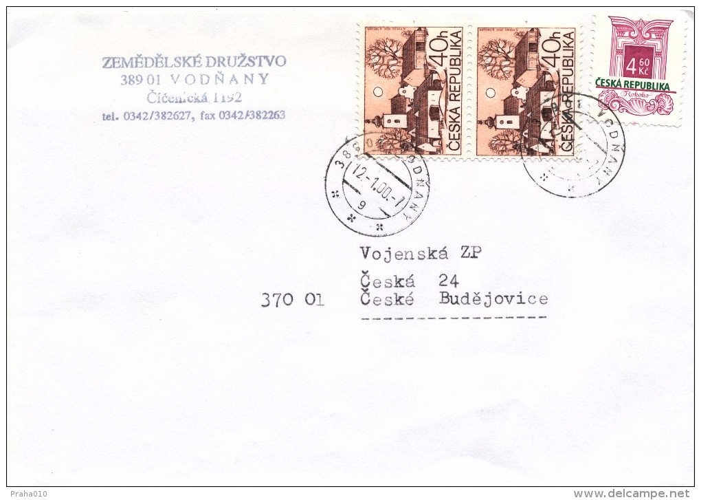 L1206 - Czech Rep. (2000) 389 01 Vodnany (letter) Tariff: 5,40 (stamp 4,60 - Significantly Shifted Text CESKA REPUBLIKA) - Variétés Et Curiosités