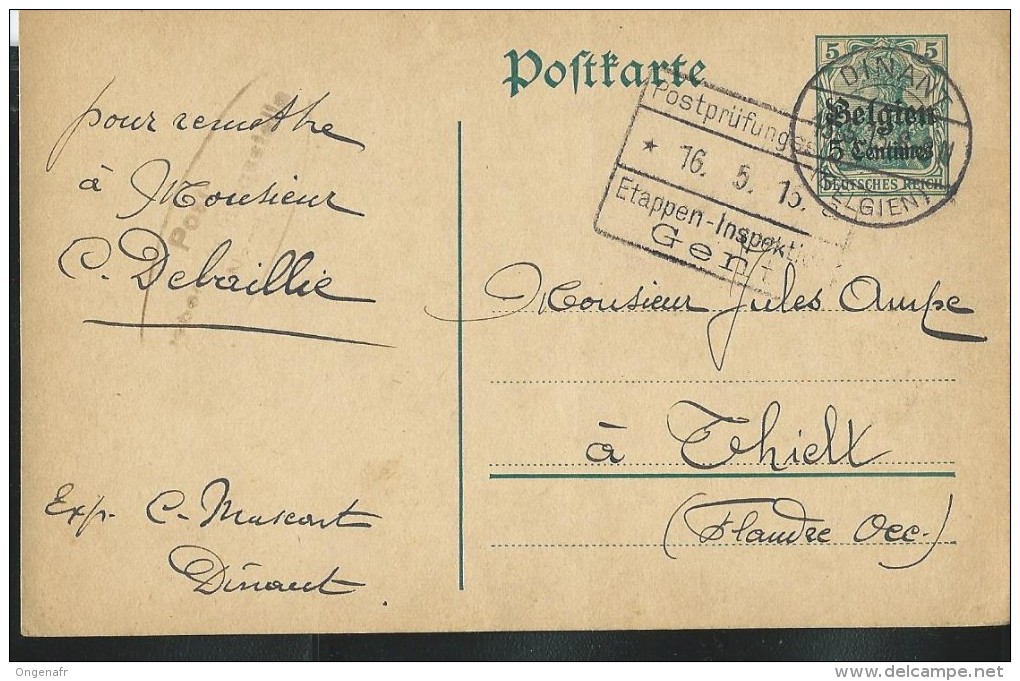 Carte N° 1 .  Obl: Dinant 13/05/1915   + Etappen-Inspektion Gent Le 16/05/1915 Pour Thielt - German Occupation