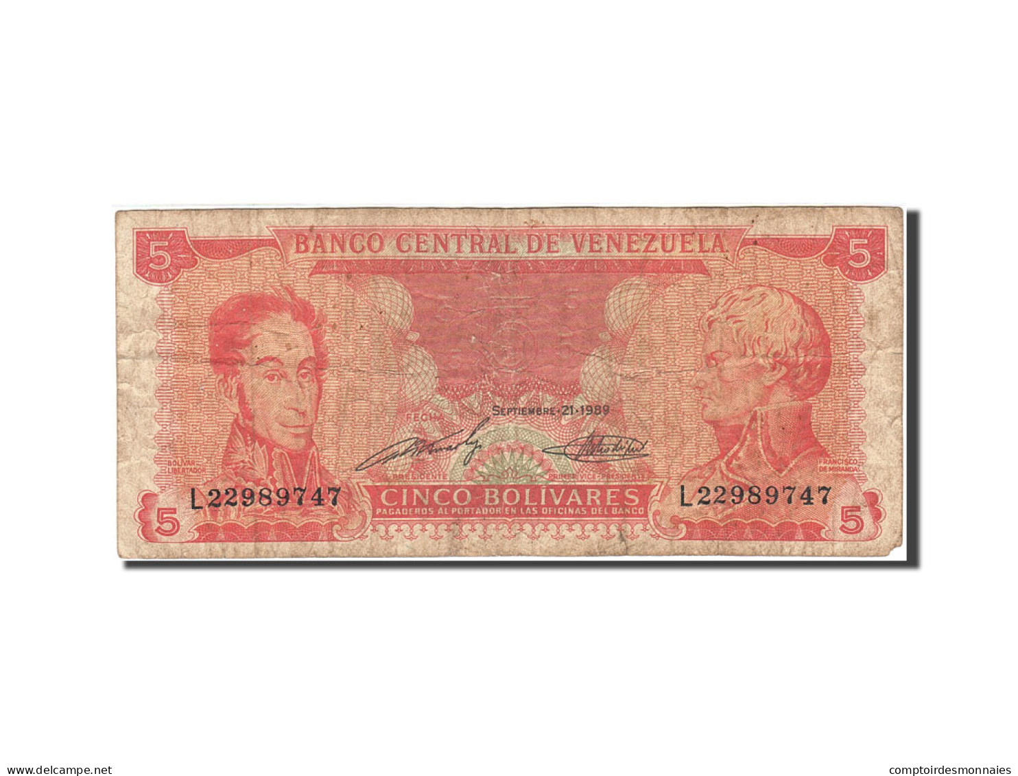 Billet, Venezuela, 5 Bolivares, 1989, 1989-09-21, KM:70b, B+ - Venezuela