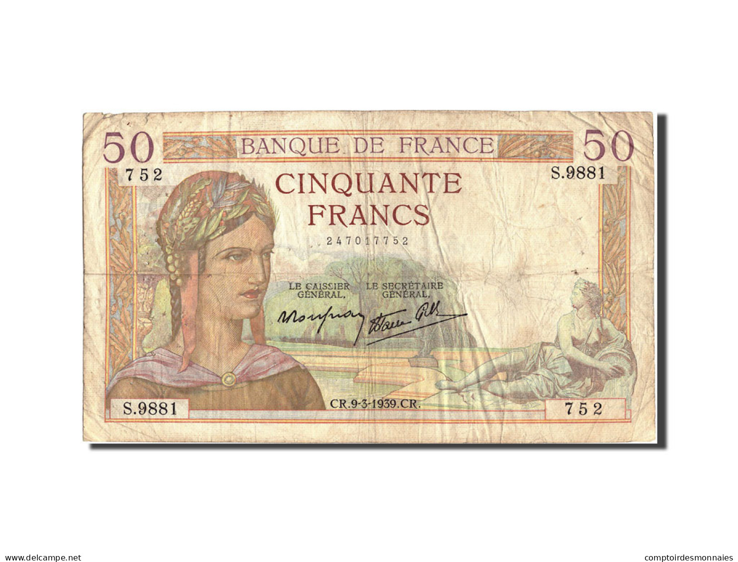 Billet, France, 50 Francs, 50 F 1934-1940 ''Cérès'', 1939, 1939-03-09, TB+ - 50 F 1934-1940 ''Cérès''