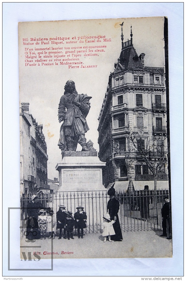 Old Postcard France, Beziers - Statue De Paul Riquet, Auteur Du Canal Du Midi - Animée - Unposted - Beziers