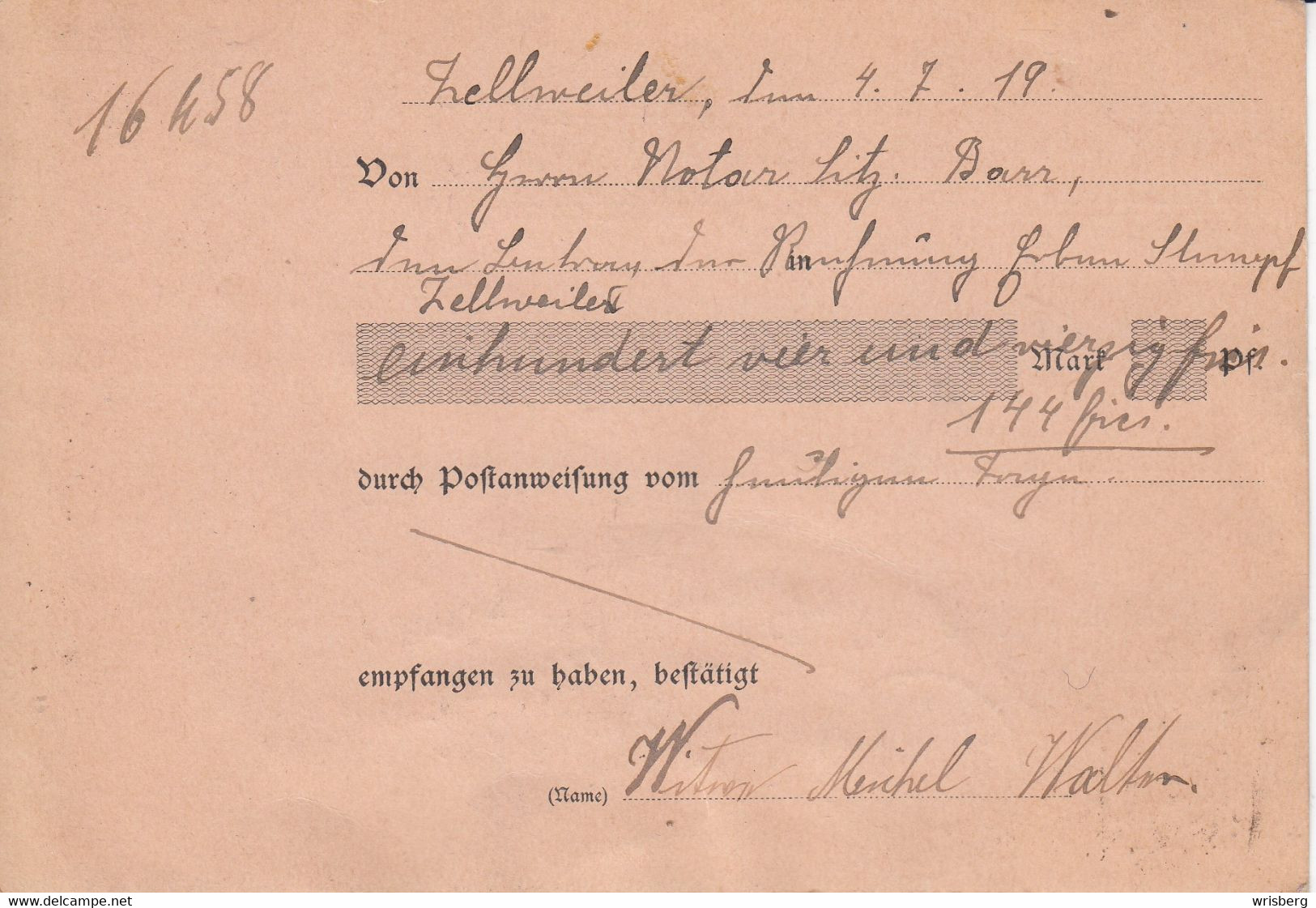 Carte Postale (Empfangsgestätigung über Eine Postanweisung) Affr 10 Cent Obl ZELLWEILER Du 4.7.19 - Cachet Allemand - Covers & Documents