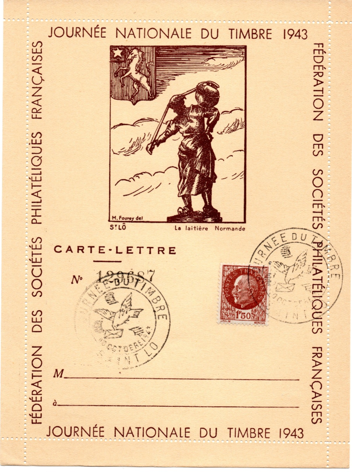 Journée Du Timbre 1943 SAINT-LO  10 Octobre 1943 Carte-Lettre  Côte 2014 : 20 Euros - Autres & Non Classés