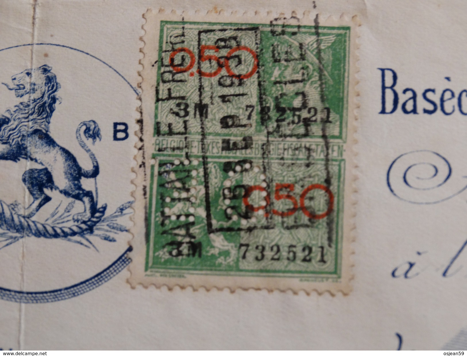 Timbre Fiscal Pérforé Sur Reçu Battaille Frères à Basècles(Belgique).-1938- - Documents