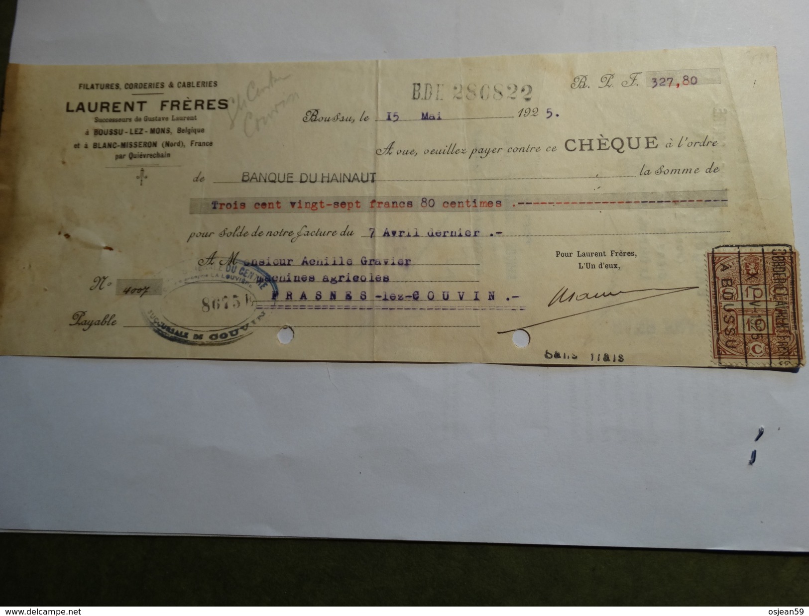 Timbre Fiscal Sur Reçu De La Firme Laurent Frères à Boussu-lez-Mons.-1925- - Documents