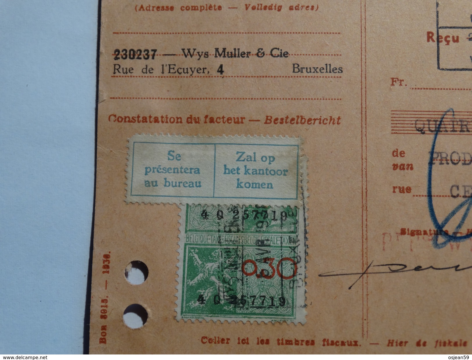 Timbre Fiscal Sur Carte Récépissé (Wys Muller Et Cie à Bruxelles) +COB 427 - Documents