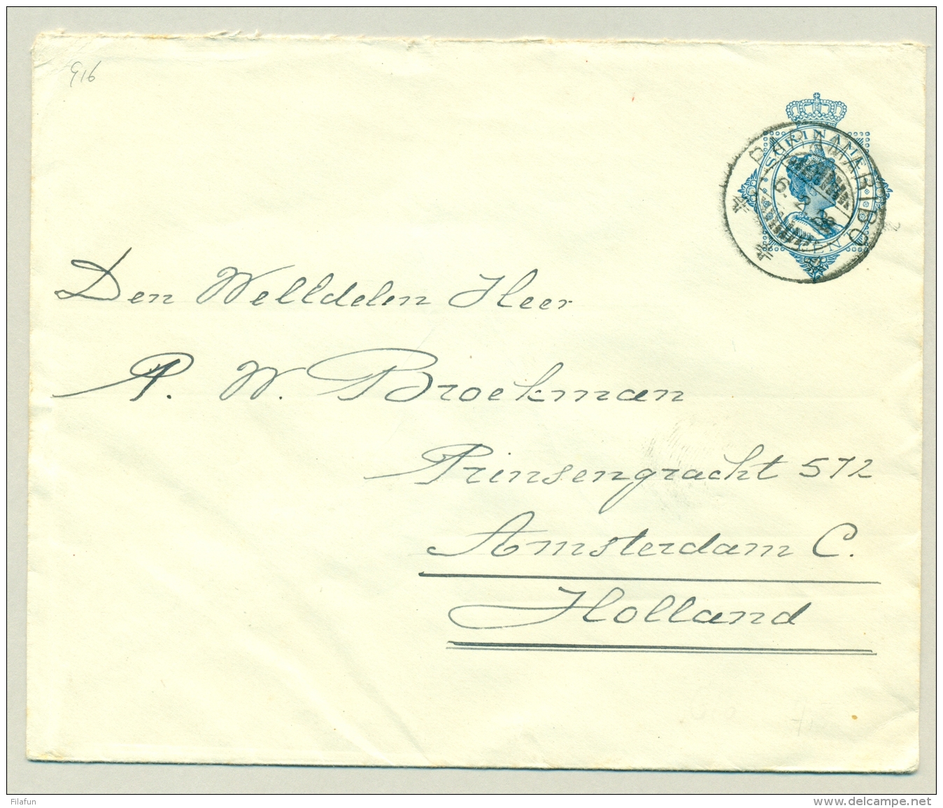 Suriname - 1928 - 15 Cent Envelop Wilhelmina In Ovaal, G16 Van Paramaribo Naar Amsterdam - Suriname ... - 1975