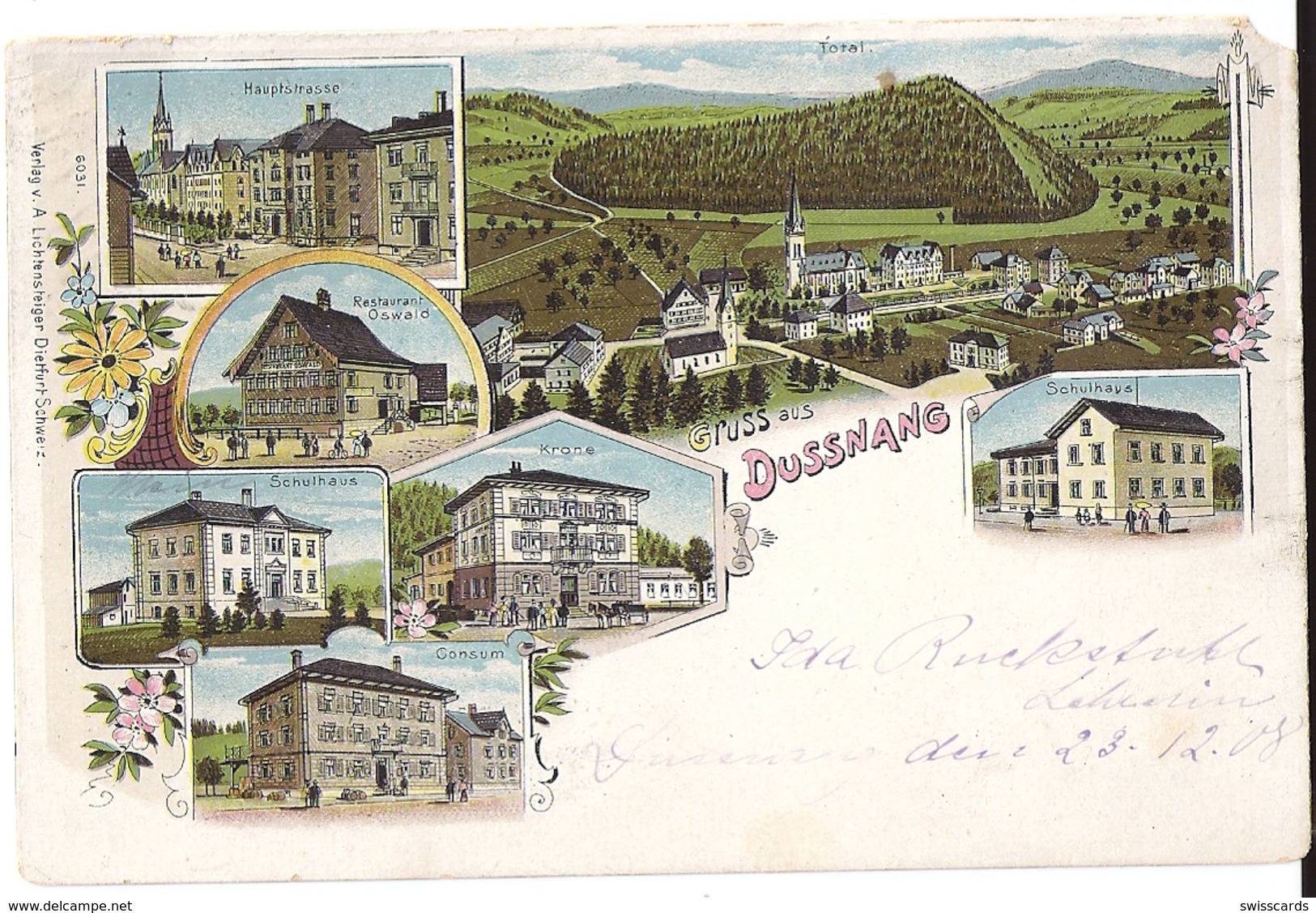 Gruss Aus DUSSNANG: 7-Bild-Litho ~1905, Mit Restaurants Krone Und Oswald, Consum Und Schulhäusern - Autres & Non Classés