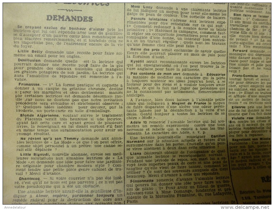 1916  LA MODE  avec son dessin de broderie décalquable au fer chaud  (broderie anglaise,etc)