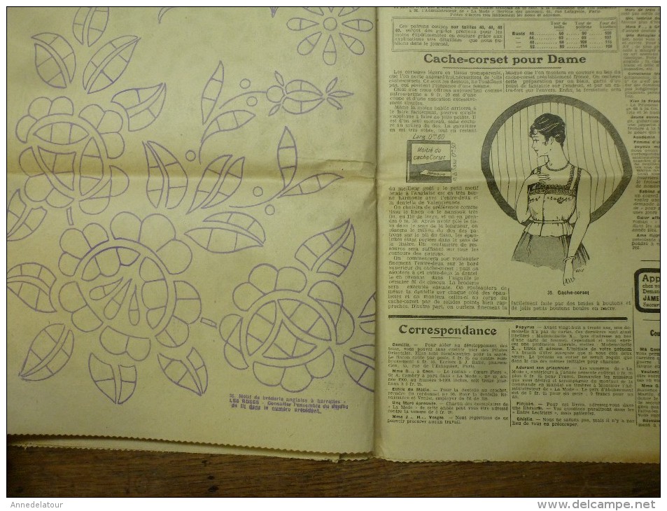 1916  LA MODE  avec son dessin de broderie décalquable au fer chaud  (broderie anglaise,etc)