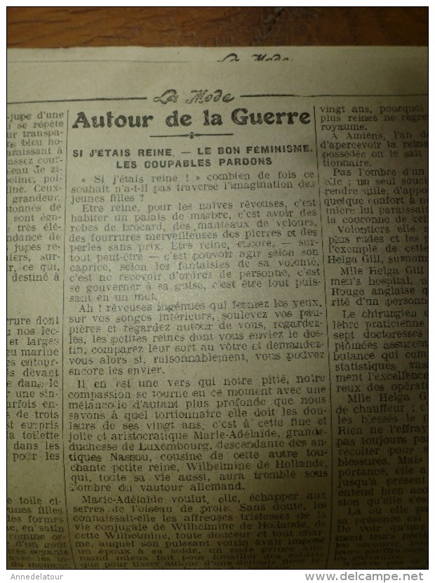 1916  LA MODE  avec son dessin de broderie décalquable au fer chaud  (napperon, taie,etc); Cuisine de guerre