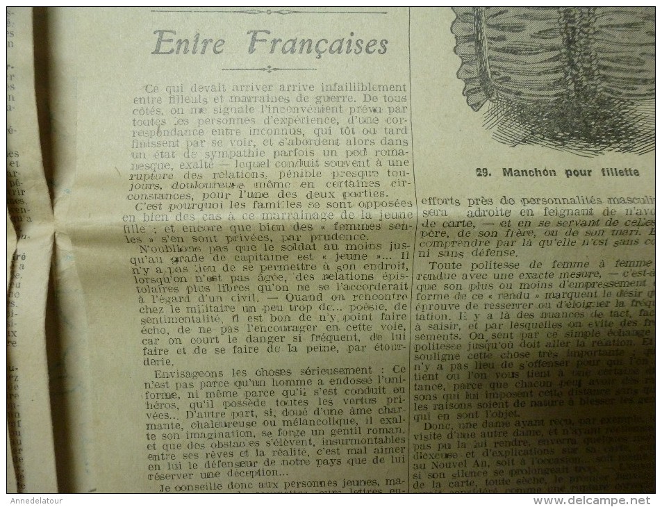 1916  LA MODE  avec son dessin de broderie décalquable au fer chaud  (napperon, taie,etc); Cuisine de guerre