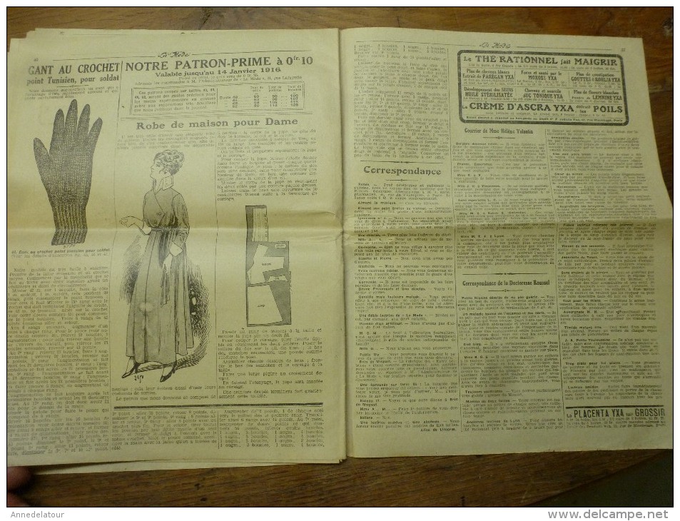 1916  LA MODE  avec son dessin de broderie décalquable au fer chaud  (napperon, taie,etc); Cuisine de guerre