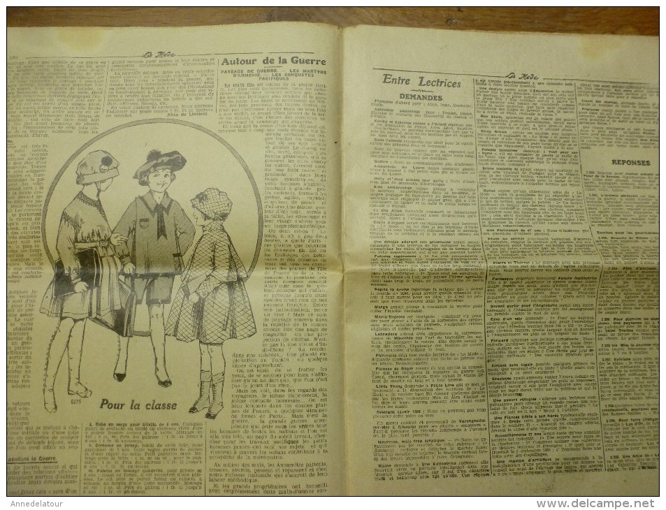 1916  LA MODE  Avec Son Dessin De Broderie Décalquable Au Fer Chaud  (chemise Brodée); Cuisine De Guerre Etc - Patrons