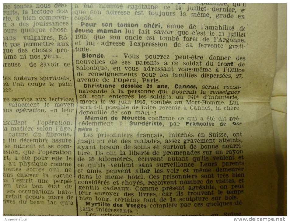 1916  LA MODE  avec son dessin de broderie décalquable au fer chaud  (chemise brodée); Cuisine de guerre etc