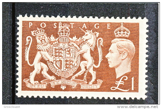 UK Giorgio VI 1951 N. 259 - 1 Sterlina Stemma Regno Unito MNH GO Catalogo € 70 - Non Classificati