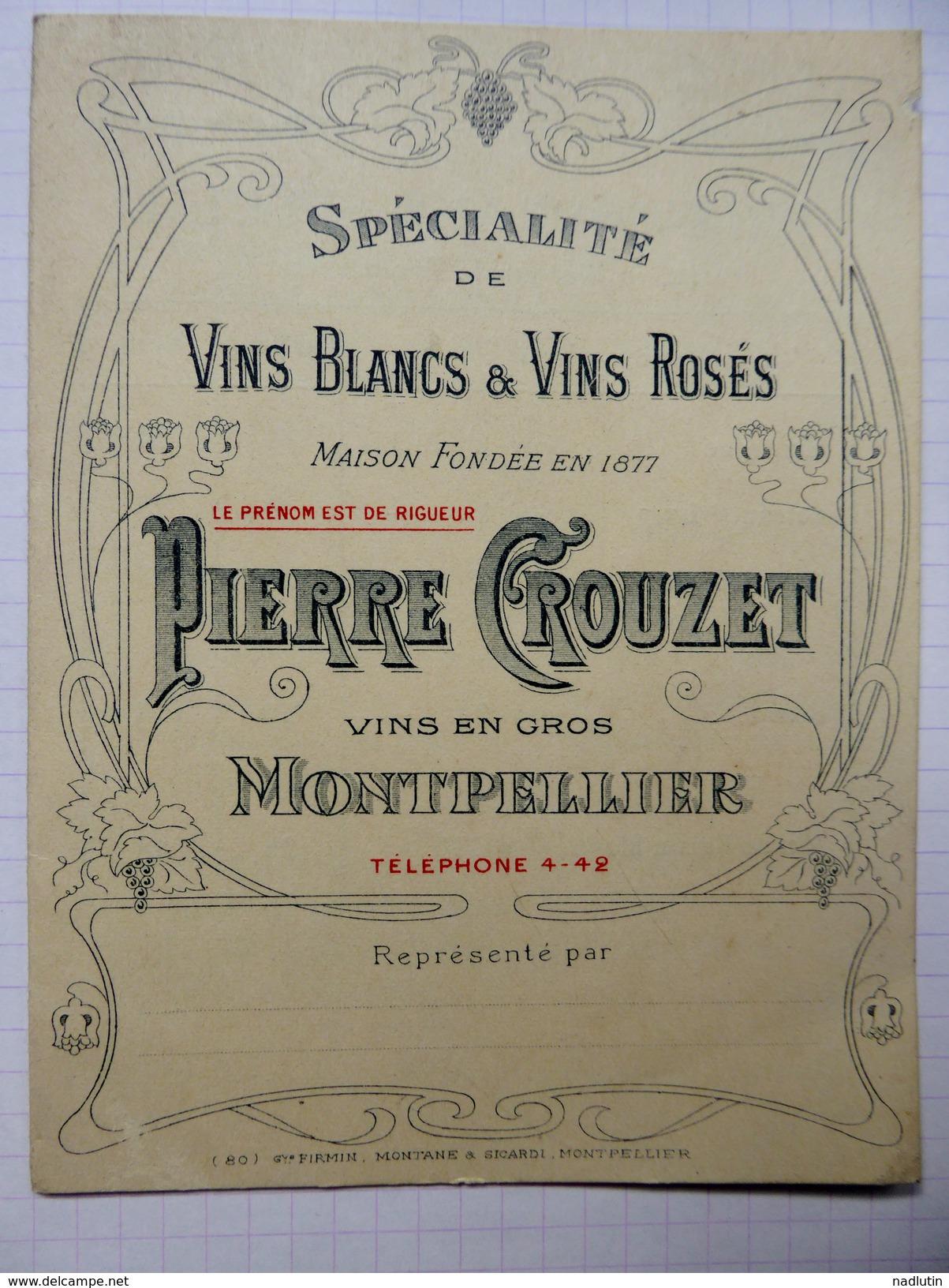 Carte Tarif Double Page Cartonné   "Pierre Crouzet" Vins En Gros - Montpellier - Juillet 1914 - Publicités