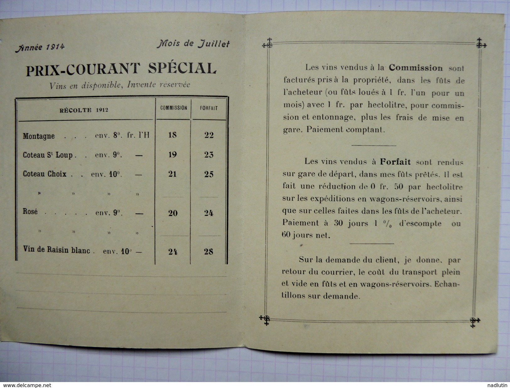 Carte Tarif Double Page Cartonné   "Pierre Crouzet" Vins En Gros - Montpellier - Juillet 1914 - Publicités