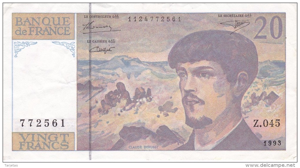 BILLETE DE FRANCIA DE 20 FRANCS DEL AÑO 1993  (BANKNOTE) CLAUDE DEBUSSY - 20 F 1980-1997 ''Debussy''