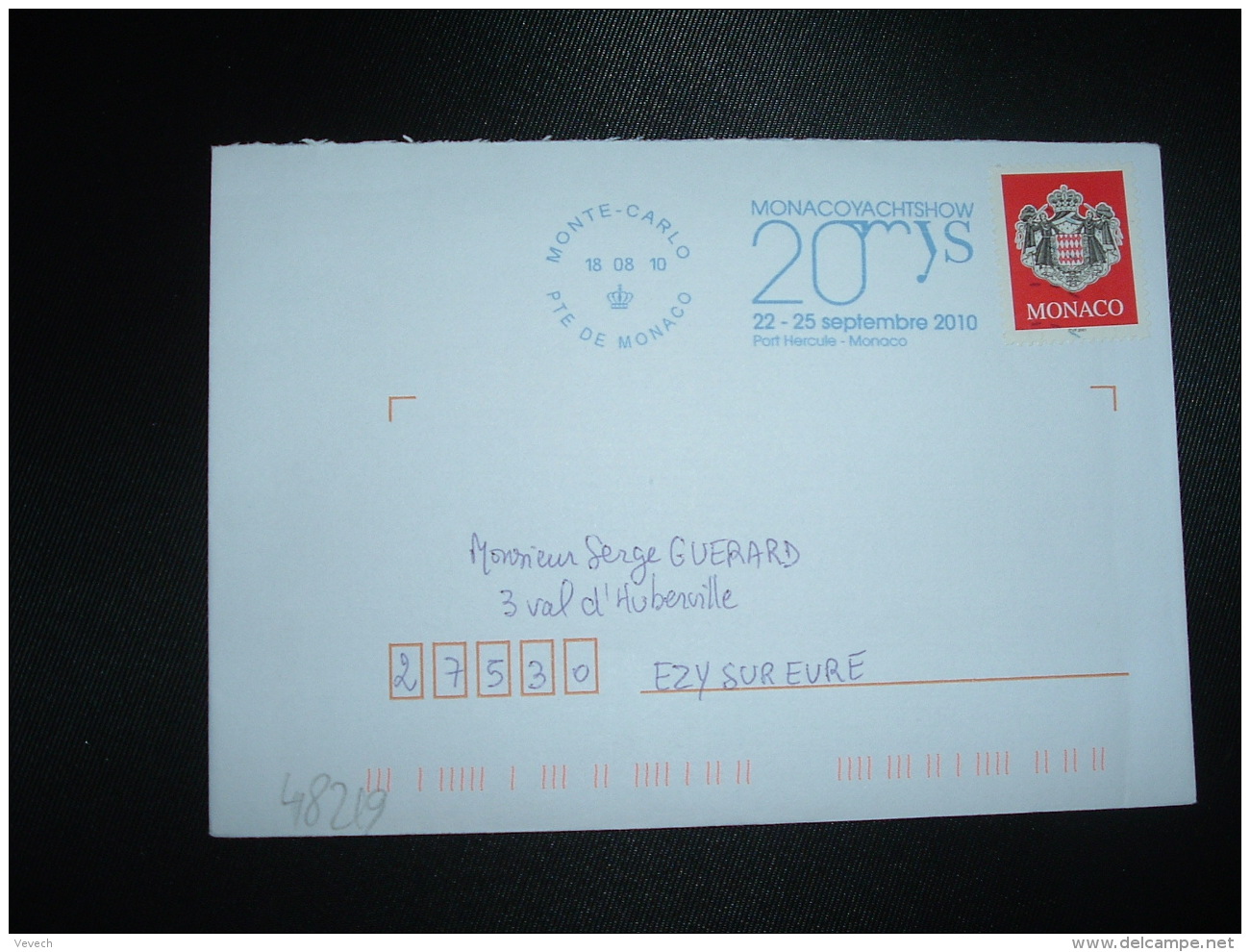 LETTRE Pour FRANCE TPBLASON OBL.MEC.18 08 10 MONTE-CARLO + MONACO YACHT SHOW 20 + 22-25 Septembre 2010 Port Hercule Mona - Storia Postale