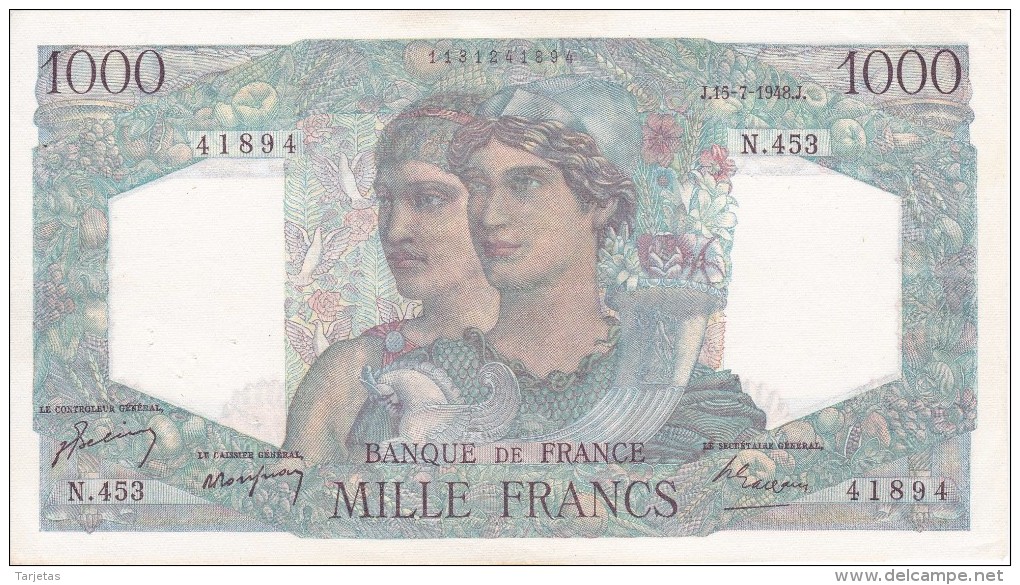 BILLETE DE FRANCIA DE 1000 FRANCS DEL 15-7-1948  (BANKNOTE) MINERVE ET HERCULE - 1 000 F 1945-1950 ''Minerve Et Hercule''