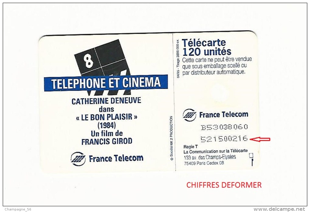 4 / 95  F552A DENEUVE CINEMA 8  GEM1B DN 9 CARAC. LASERS X 2 LIGNES   UTILISÉE - Variétés