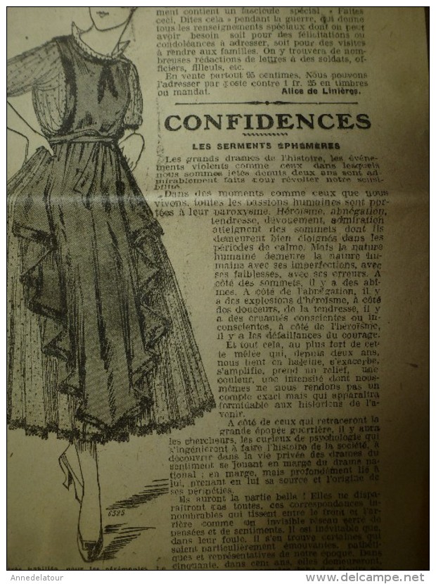 1916  LA MODE  ; Courrier ;Cuisine  De Guerre  ; Confidence Pour Les Historiens De L'avenir ; Nos Soldats; Etc - Patrons